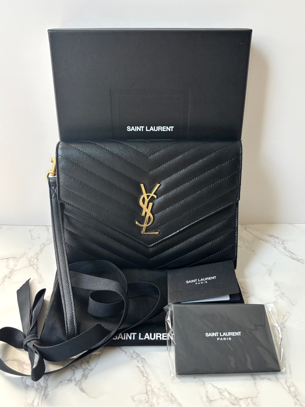 New Saint Laurent YSL Cassandre Wristlet Flap Pouch Black Grained Leather